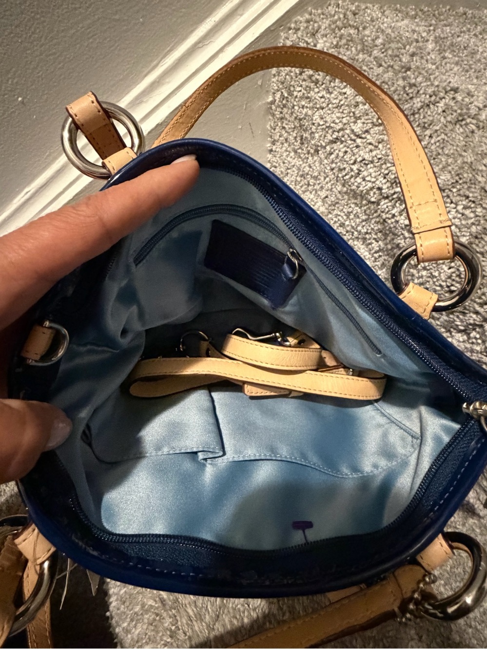 Coach Leah Embossed Signature Navy Blue Patent Leather Hand Bag - Picture 5 of 8